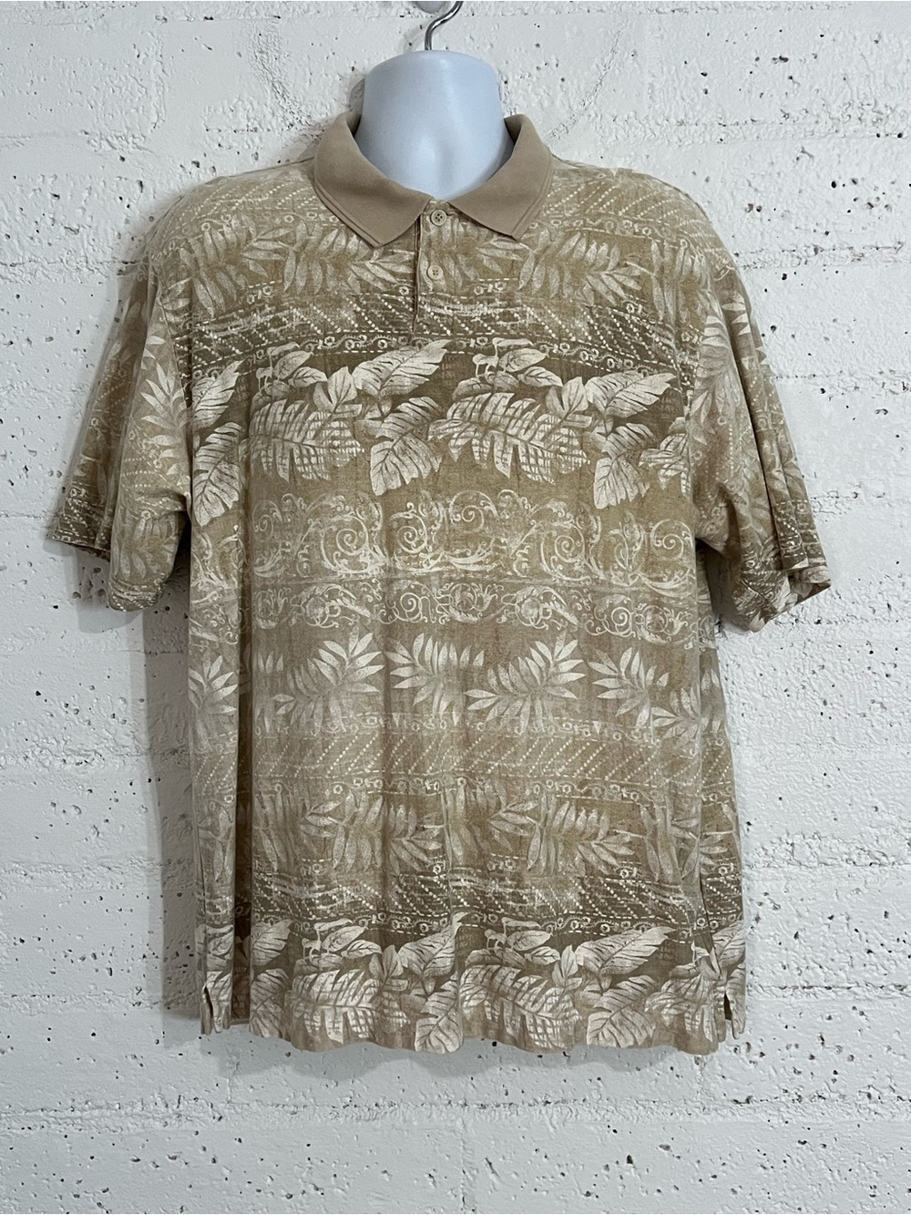 Arrow Polo Shirt XL Tan Tropical Hawaiian Print Cotton Rayon Woven Short Sleeve